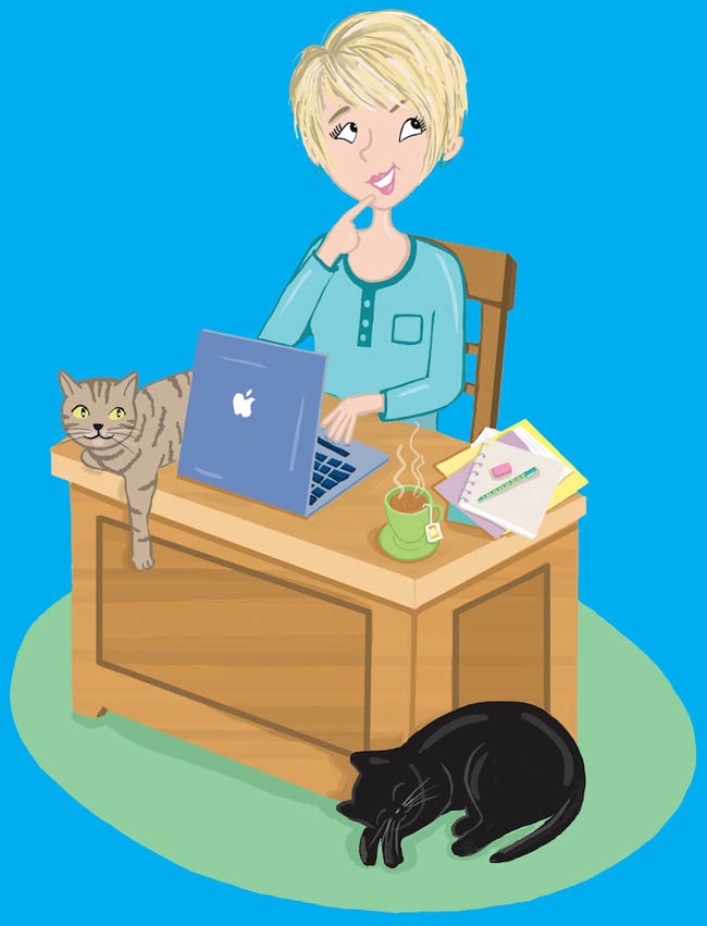 Lee Wardlaw Sitting at desk with cat cartoon graphic